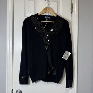Vtg LE CHOIS US Women's L Black‎ Silk Angora Sequin Bow V Neck Sweater Top NWT